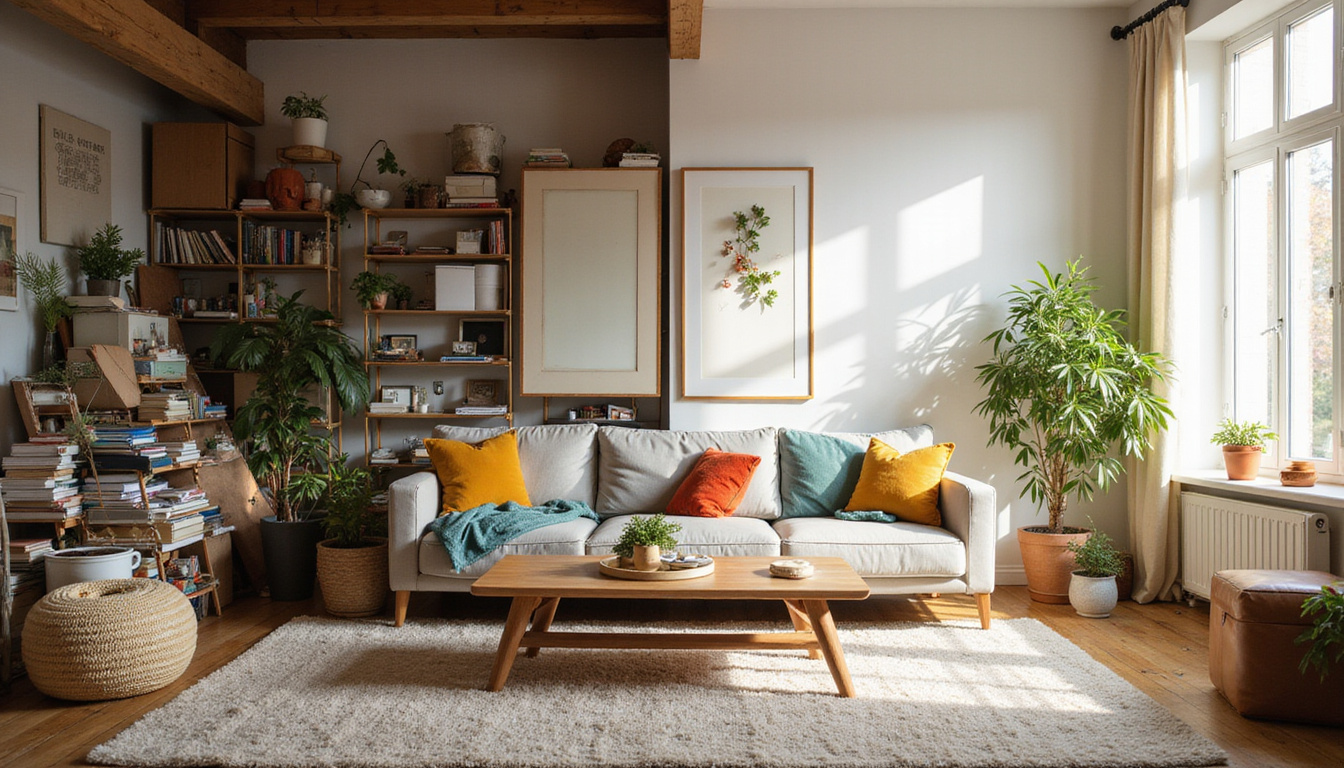 before-and-after split image: chaotic hoarded living room transforming into minimalist serene space, warm natural light