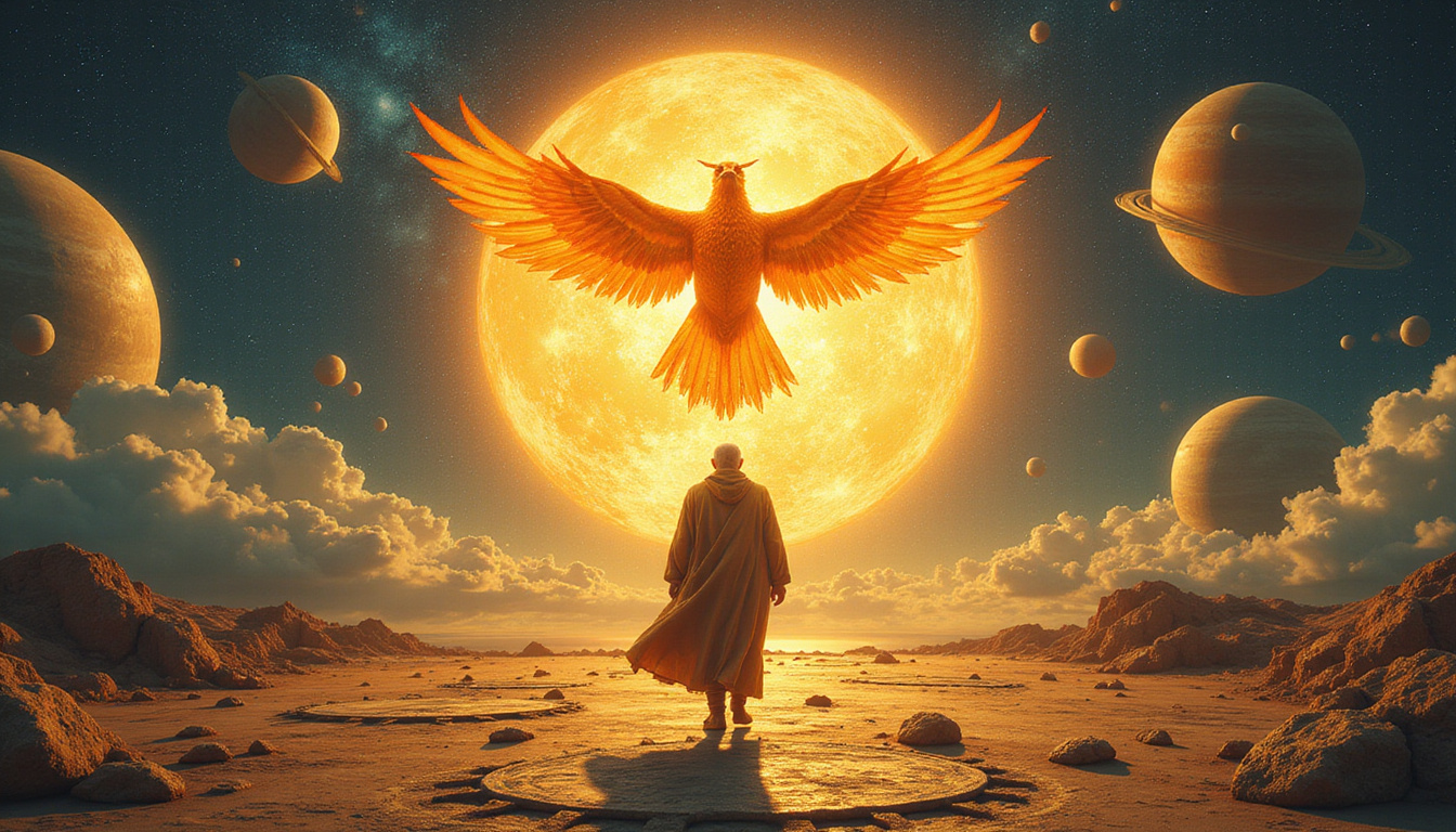 Elder figure walking through clockwork planets, golden light, phoenix rising, renewal and resilience