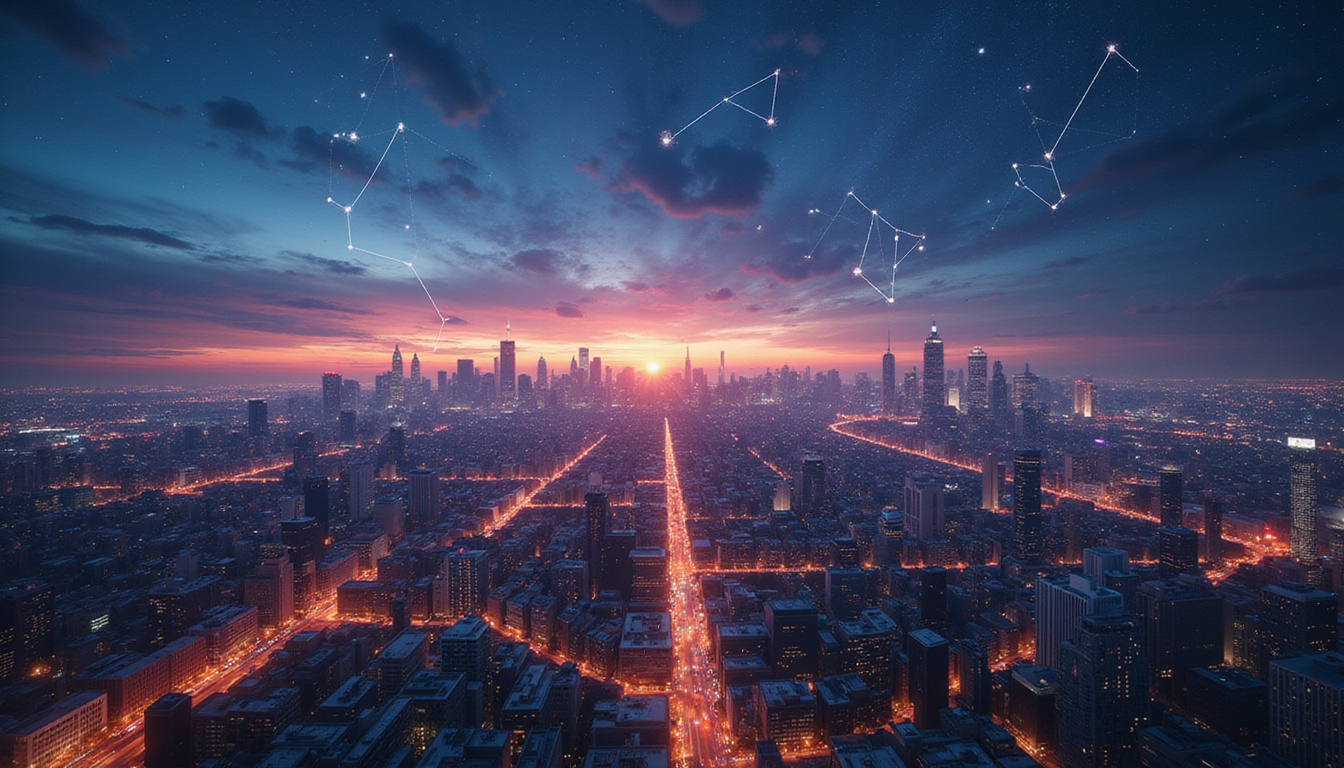 City skyline formed by constellations, career paths as glowing threads connecting planets, cinematic dusk