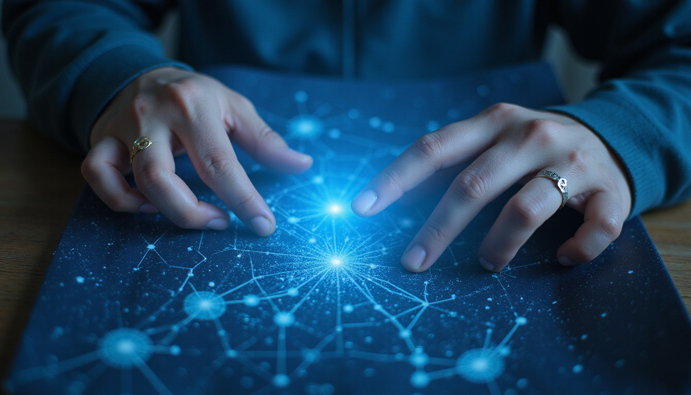  Astrologer’s hands pointing at star map, timeline overlay, constellations, ethereal blue light