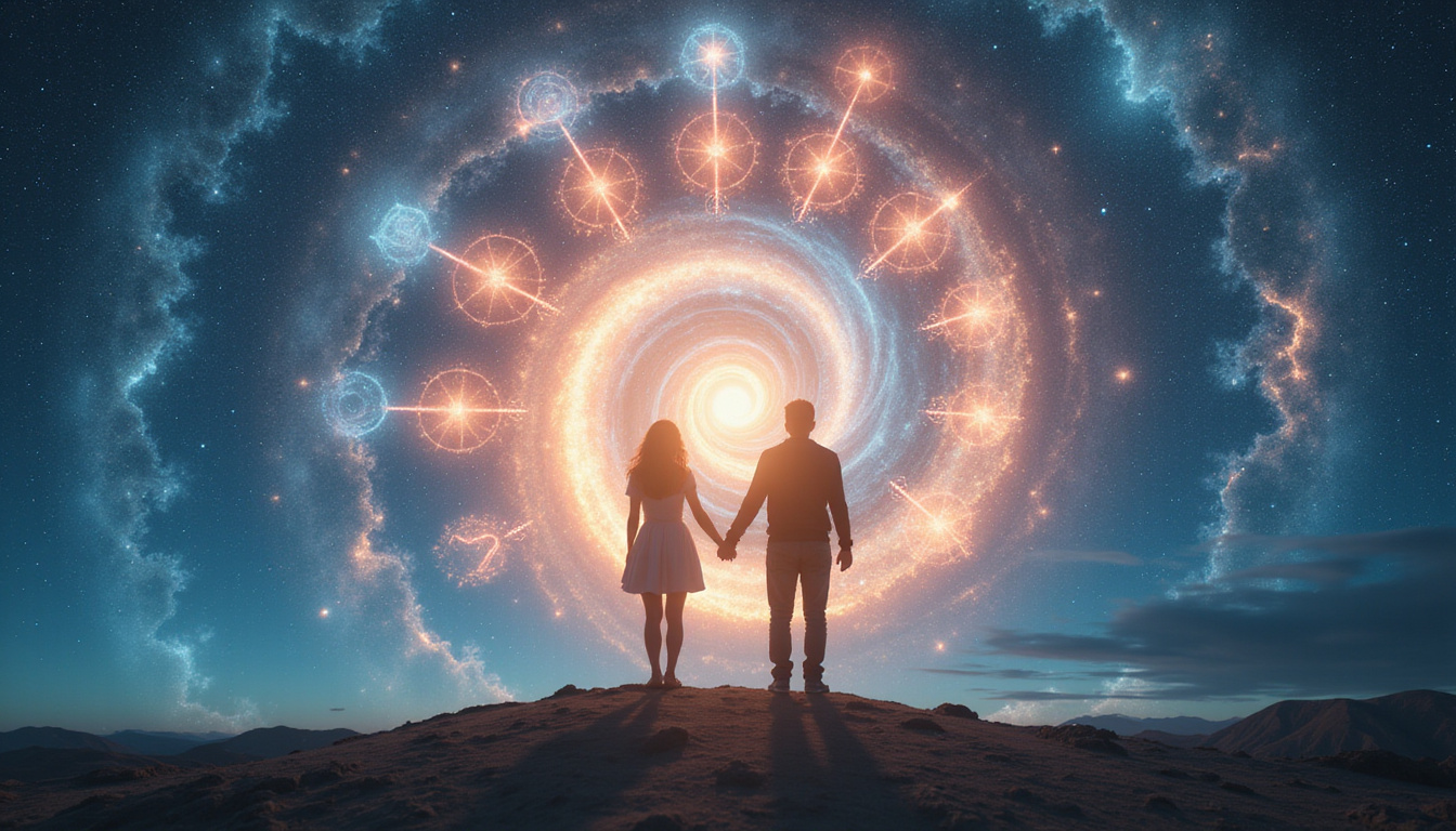 Couple holding hands under cosmic spiral, ten glowing symbols above, ethereal pastel light