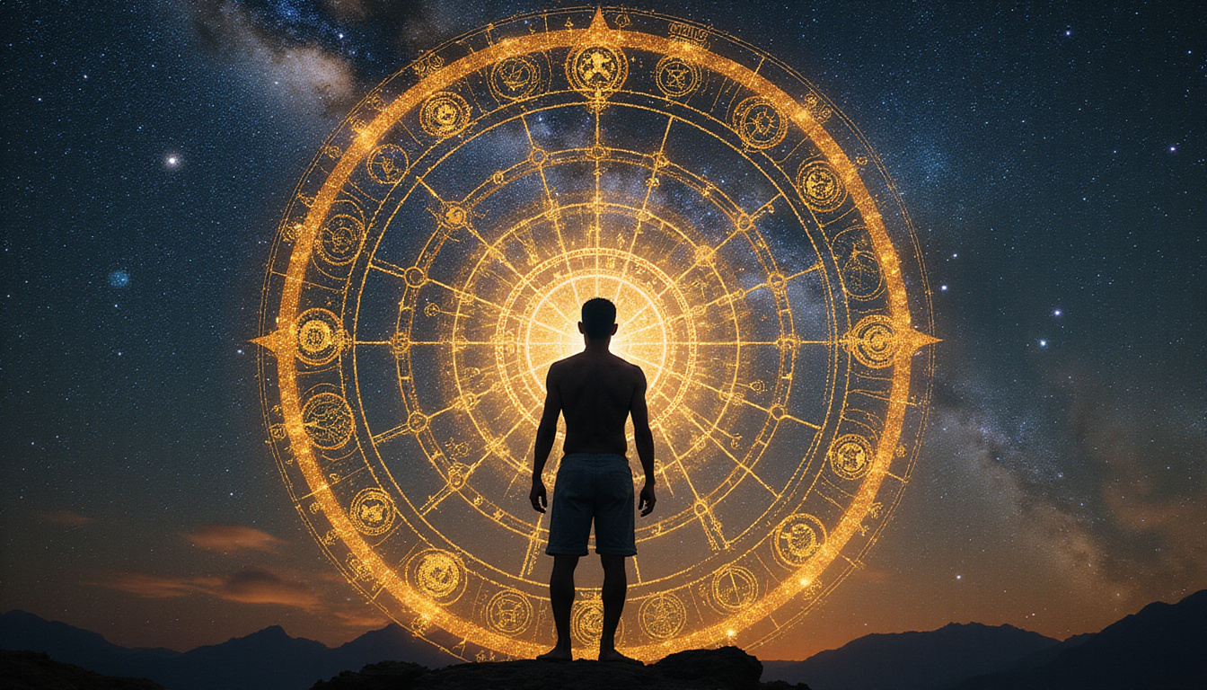 Ancient celestial map unfurling into human silhouette, golden glyphs, spiral life patterns, mystic aura