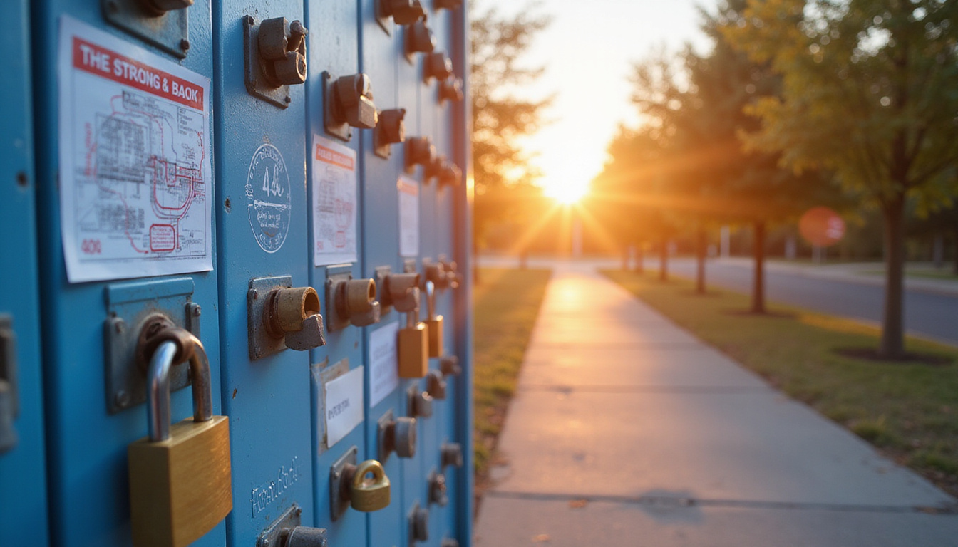  Blueprints padlocks nuisance abatement stamps, organized enforcement team restoring calm, sunrise glow