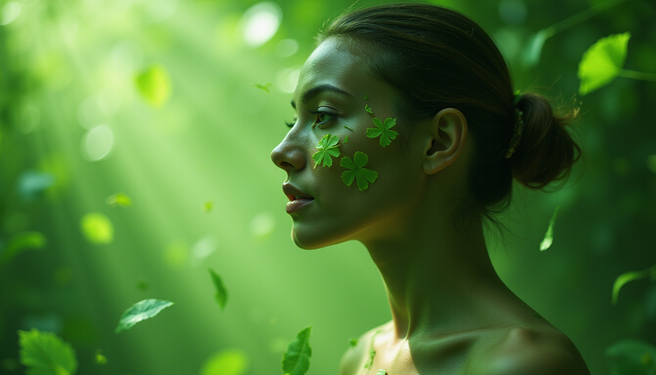  Ethereal woman bathed in green light, moringa leaves swirling, vibrant skin and immune symbols