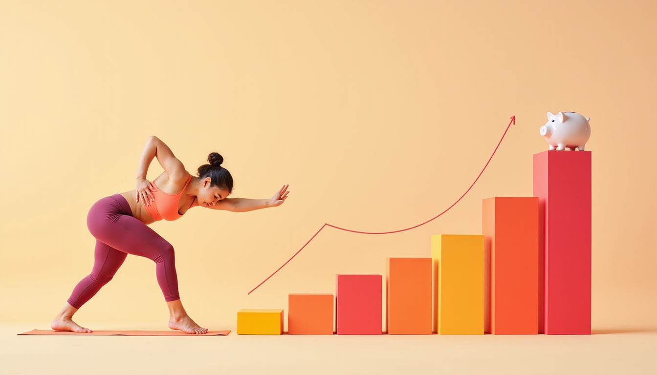  Flexible woman performing yoga, piggy bank and progress chart illustrating recovery and savings