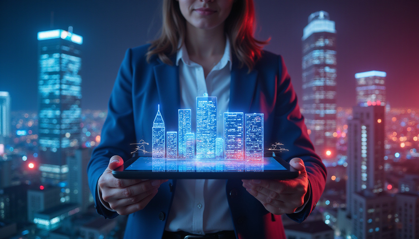  Real estate investor studying interactive tablet, neon neighborhood hotspots, skyscrapers, data-driven strategy