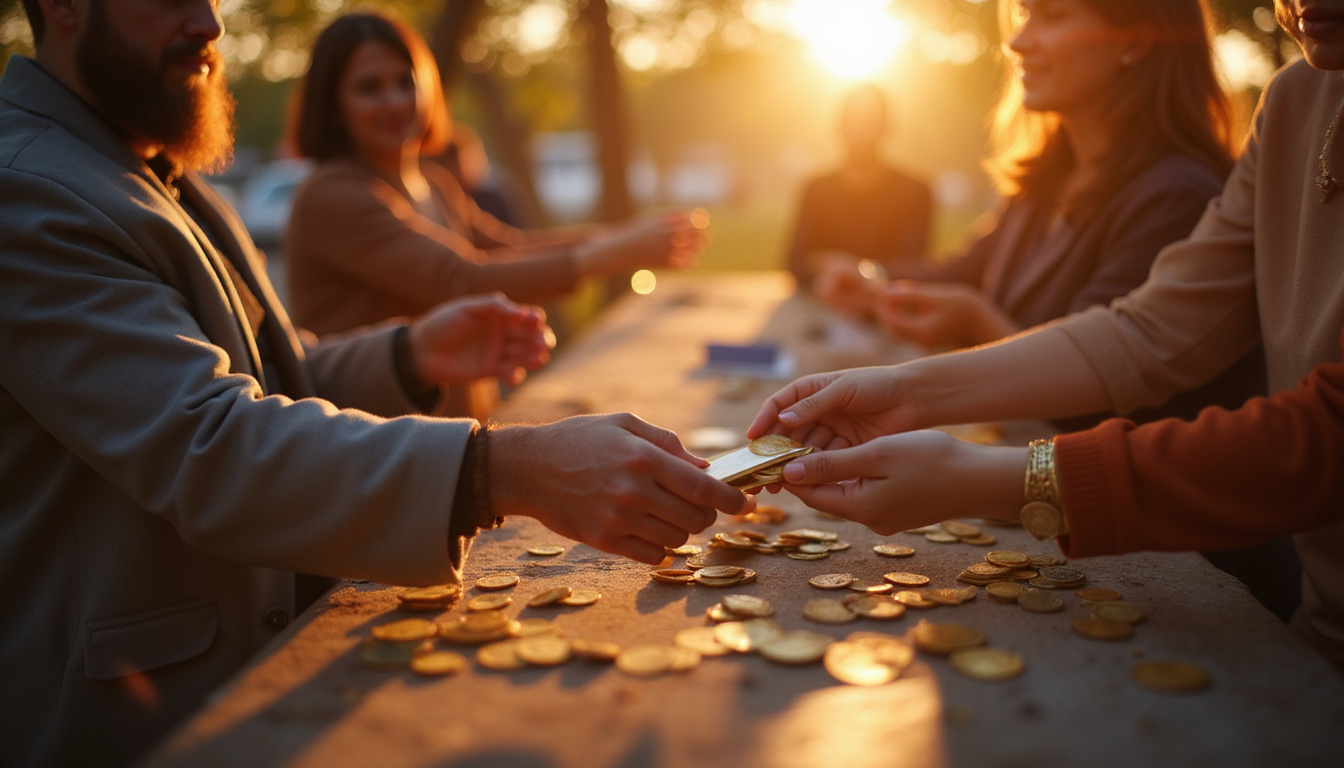 Warm community scene, customers exchanging reward tokens, loyalty cards, handshake, trust badges glowing softly