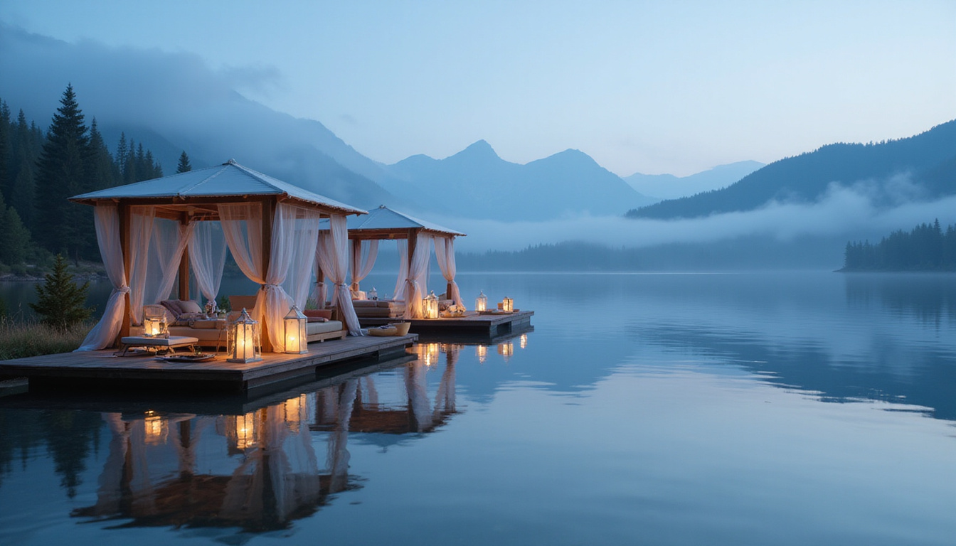  Luxury lakeside spa cabanas, floating breakfast, lanterns reflected on glassy water, misty mountain backdrop