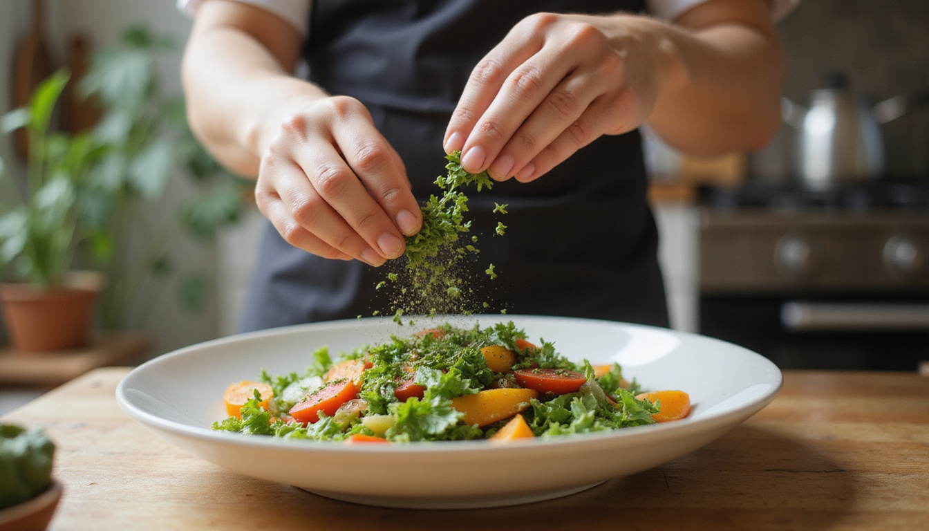  Home cook sprinkling fresh oregano over colorful salad, warm kitchen, vibrant healthy transformation