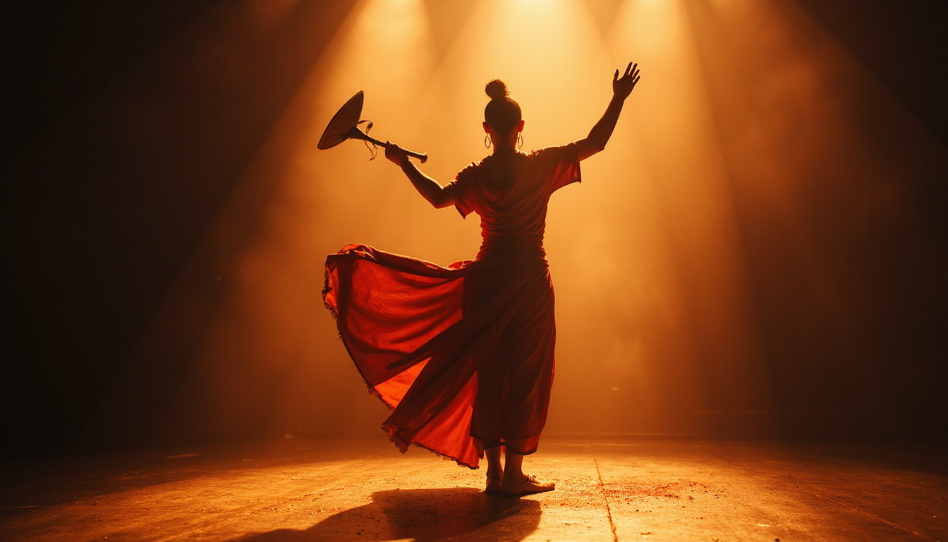  Modern dancer shaking ancient sistrum on dim stage, mesmerized audience, spotlight, dust motes