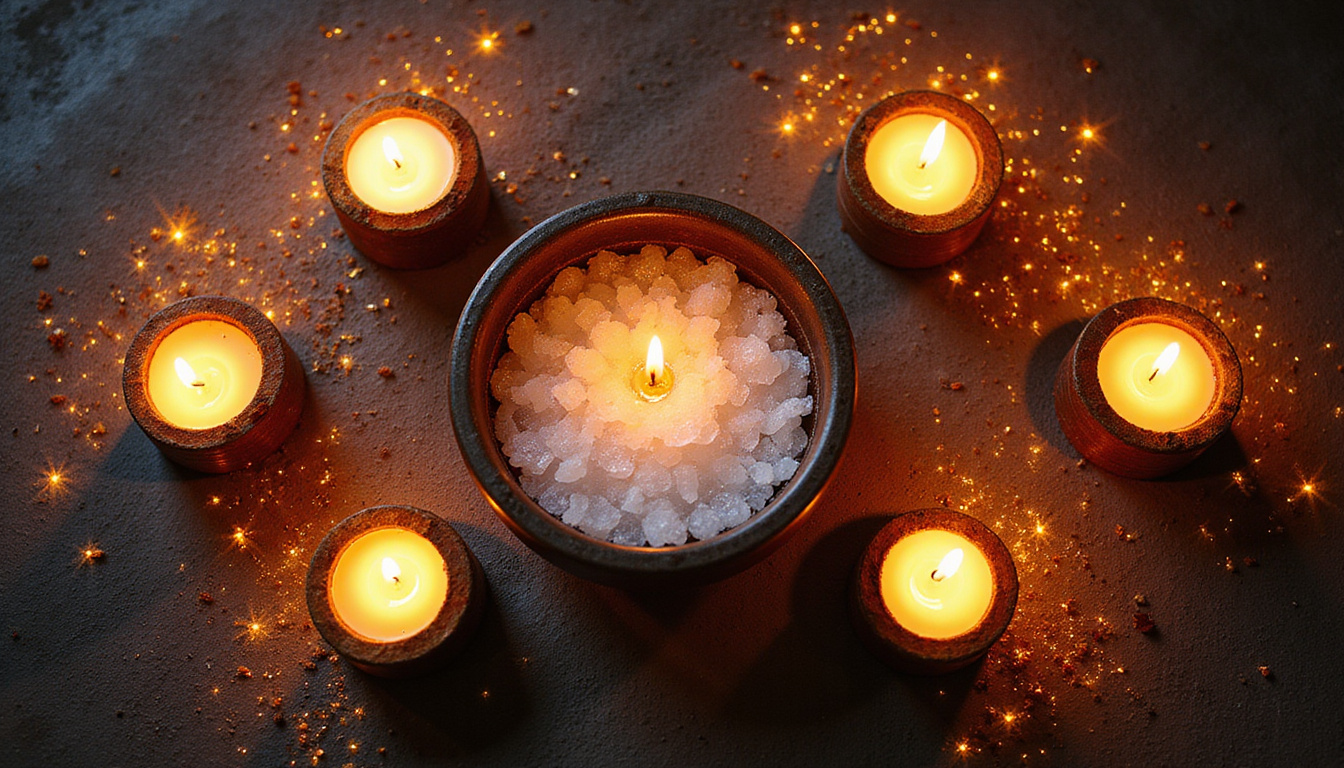  Sacred altar top view: seven ritual objects, candles lit, salt bowl, glowing energy threads