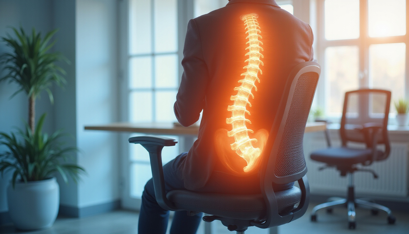 Illustrated lumbar spine glowing healing energy, supportive brace, ergonomic chair, sunlight, soft pastel palette