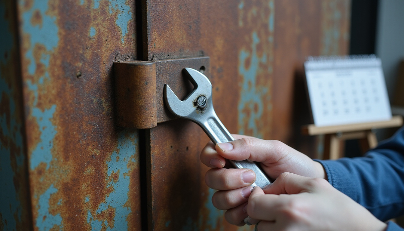  Close-up rusty hinge, greased hands with wrench, maintenance log, calendar marked 