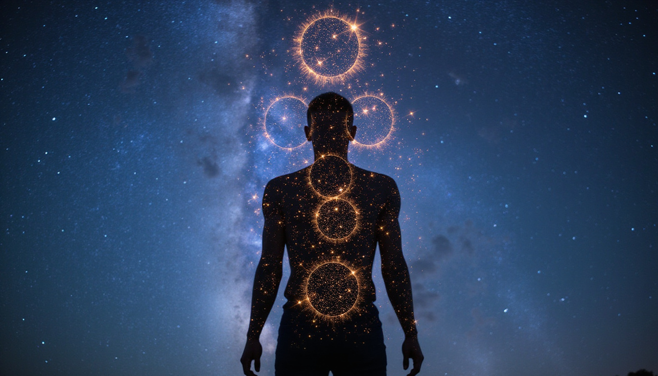 Silhouetted human figure mapped with luminous star signs, cosmic fingerprints revealing surprising character traits
