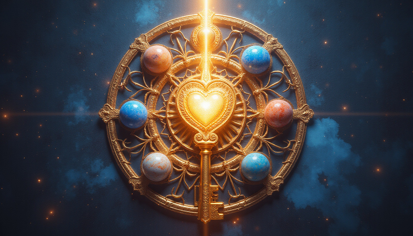  Golden key unlocking Sanskrit mandala with planets, heart symbol, ascending prosperity rays