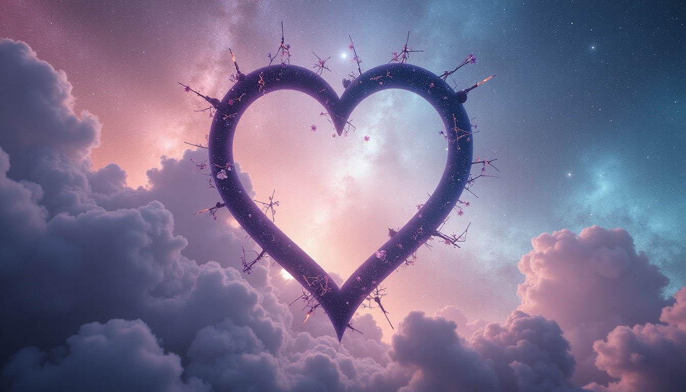 Intertwined zodiac constellations forming a heart over balancing Venus symbol, soft pastel nebula