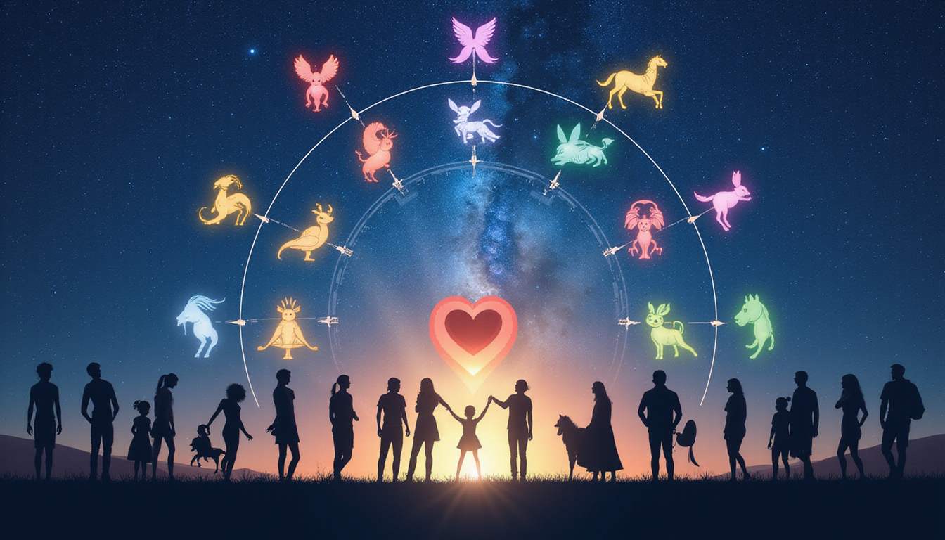 Silhouettes representing zodiac personalities, colorful trait icons, heart-and-arrow compatibility chart, starry background