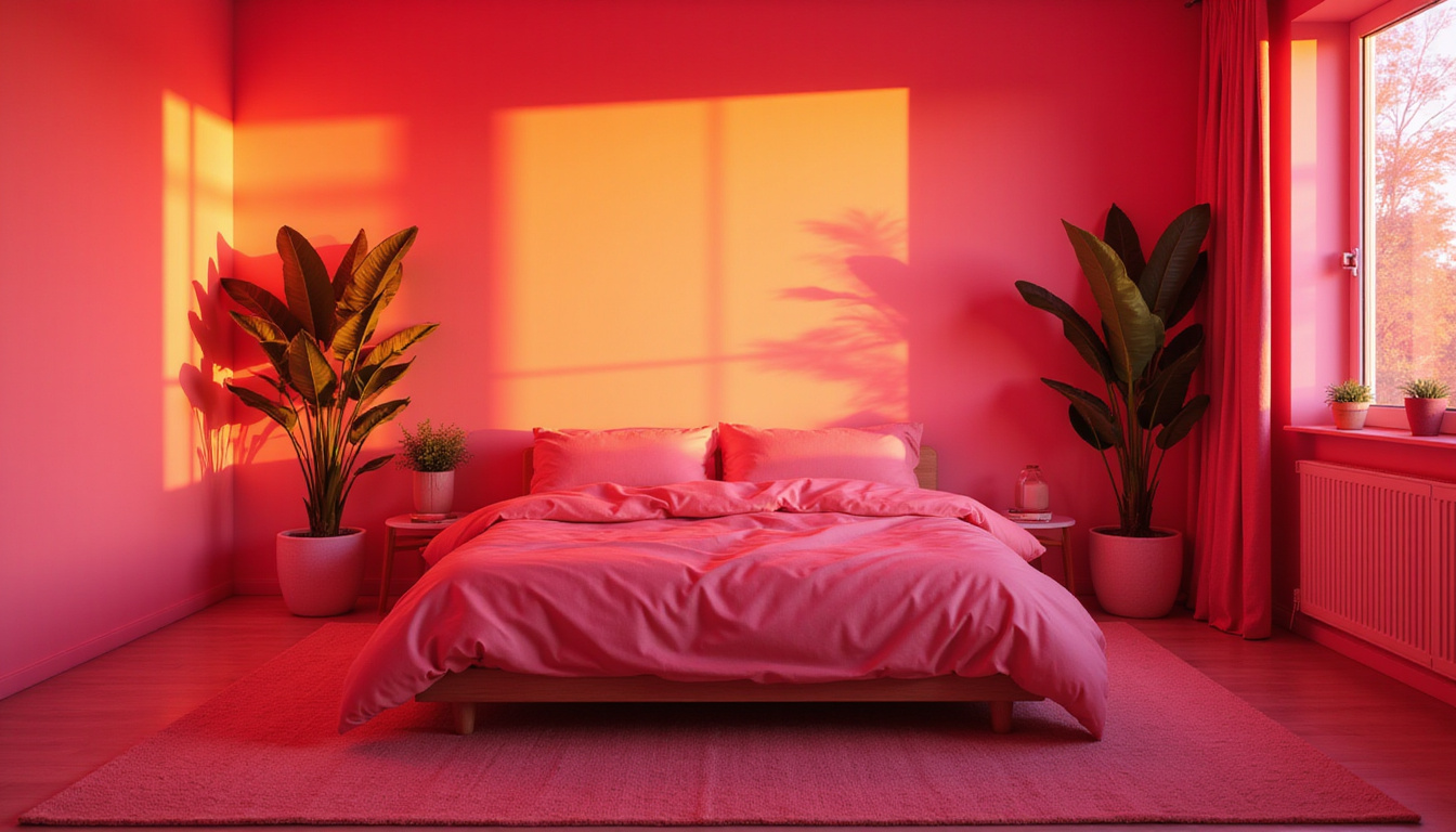  Peaceful sleeper enveloped in soft crimson light, minimalist bedroom, plants, restorative calm