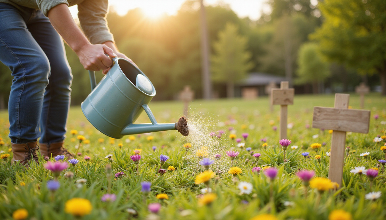  Gardener planting meadowsweet in sunlit wildflower meadow, wooden markers, watering can, tips scattered