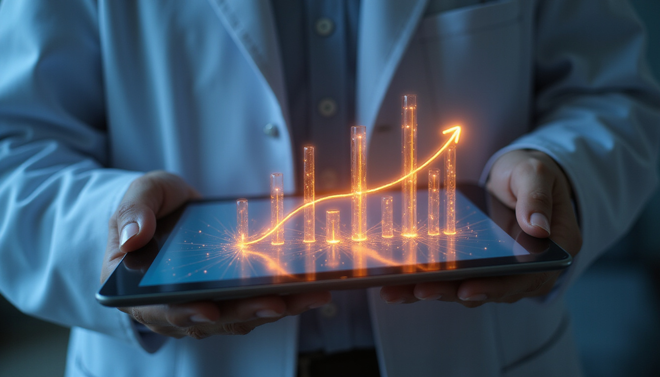 Virtual therapist on tablet accelerating recovery, glowing progress bars and dynamic healing animation