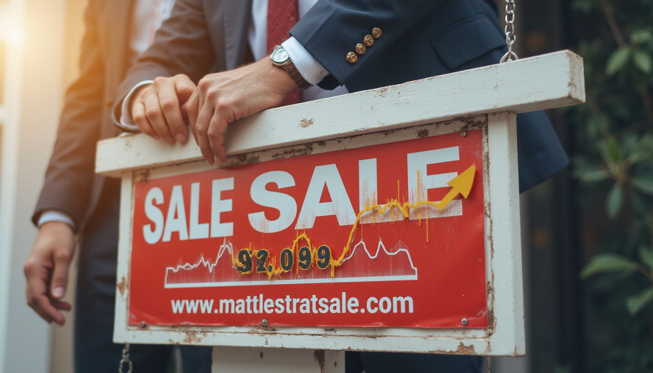 Realtor adjusting For Sale sign, dynamic pricing chart overlay, sold-fast energy, cinematic wide-angle