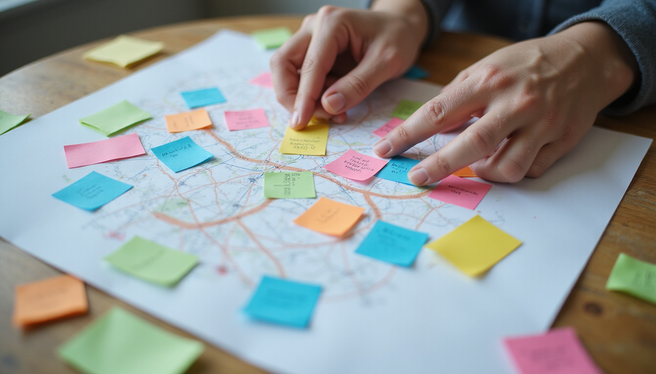 Close-up of hands collaborating over colorful marketing strategy map, post-it notes, energetic startup vibe
