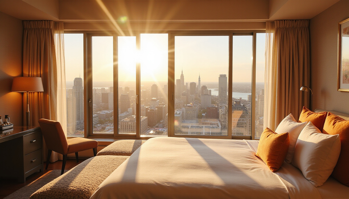 Sunlit penthouse suite, panoramic windows, silk linens, champagne, butler arranging welcome amenities, skyline view