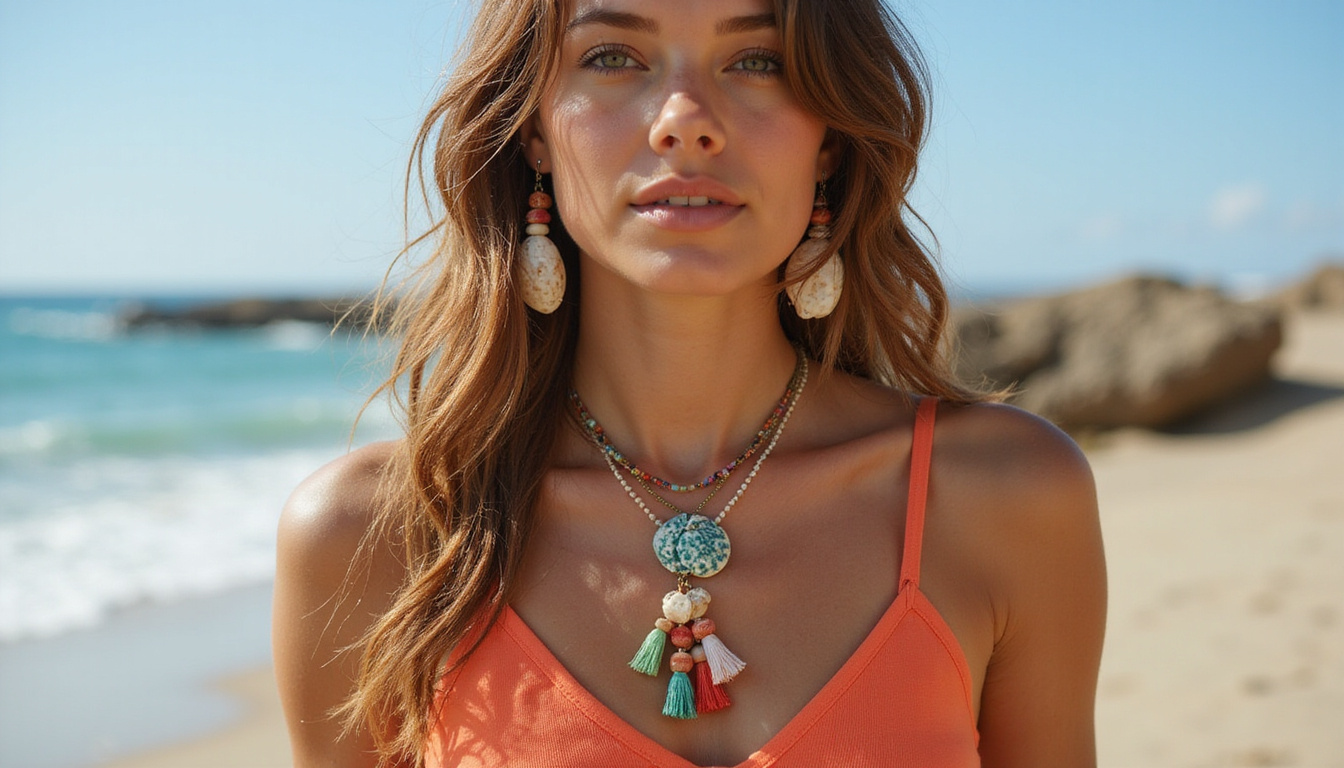  Bohemian cowrie shell jewelry styled with beads and tassels, sunlit seaside, organic textures