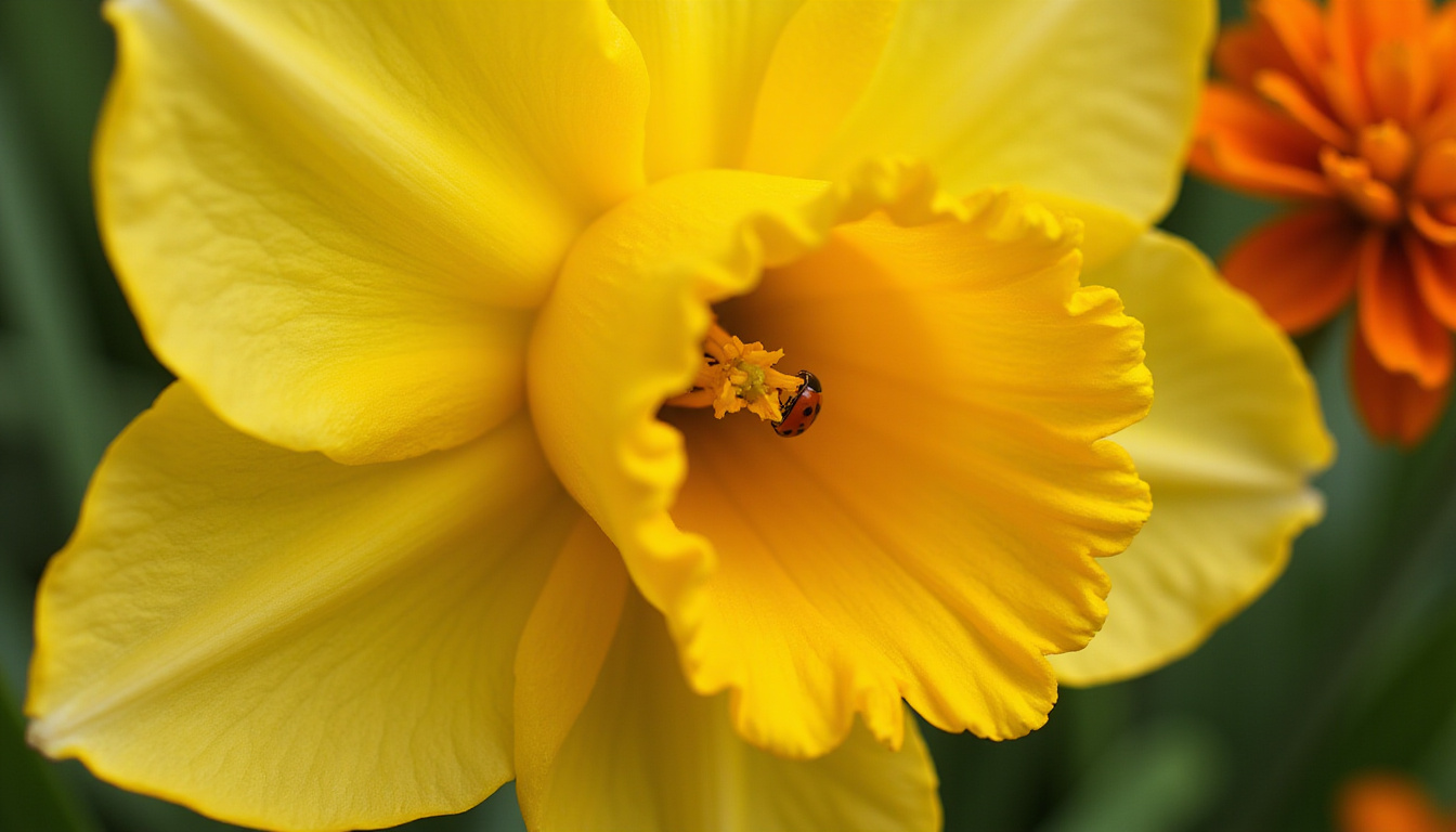  Macro view of daffodil petals, vivid long-lasting color, ladybugs and companion marigolds deterring pests