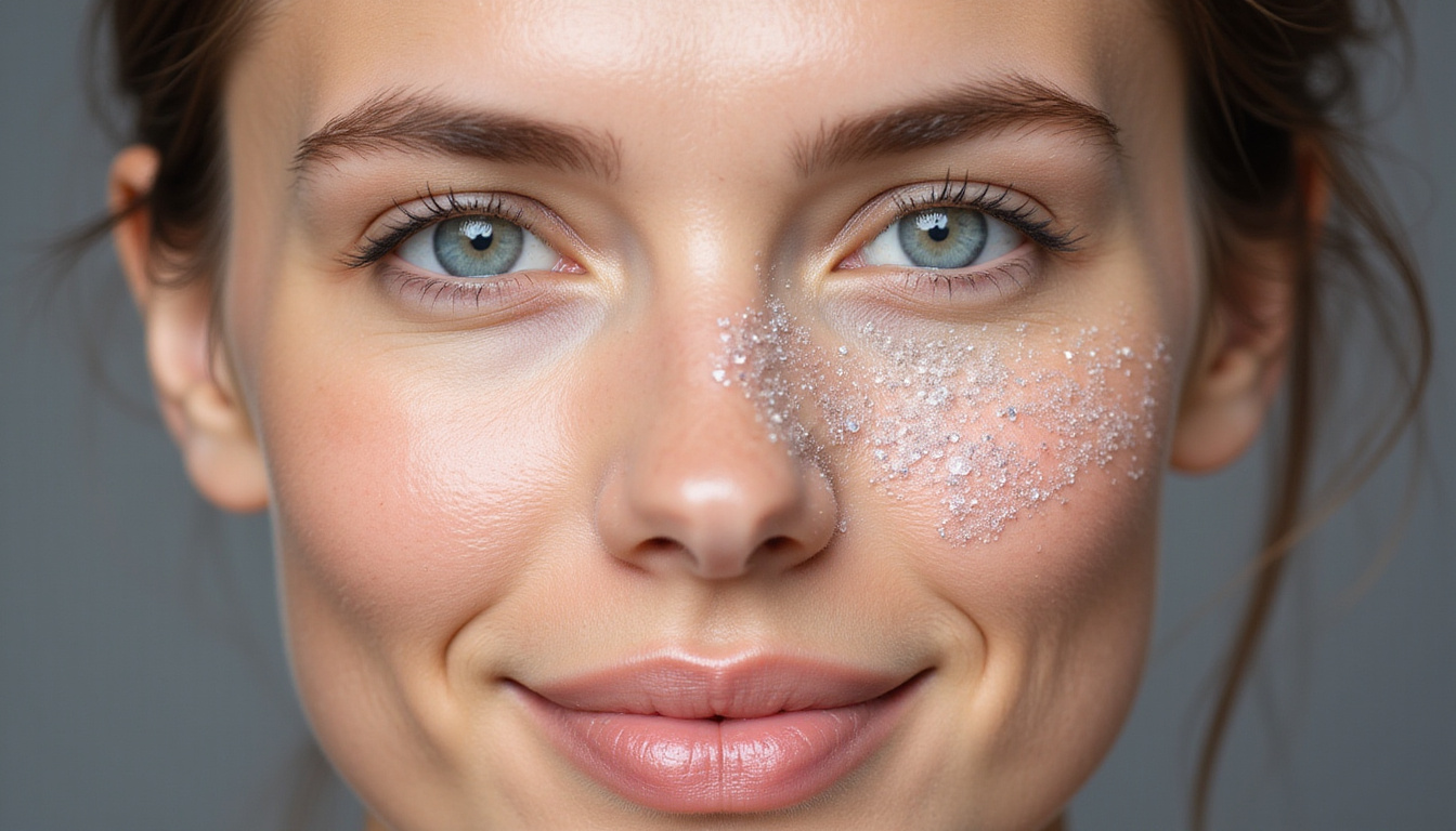  Split-face before-and-after portrait showing aging skin rejuvenation, luminous hydration particles and botanical infusion