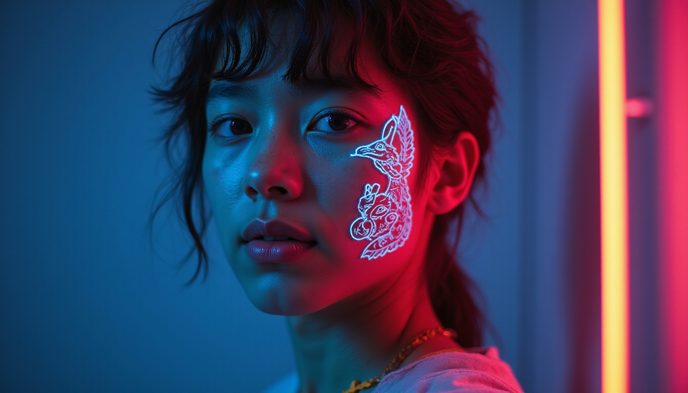  Portrait of young person with ancestral animal totem tattoo, neon circuits mapping identity