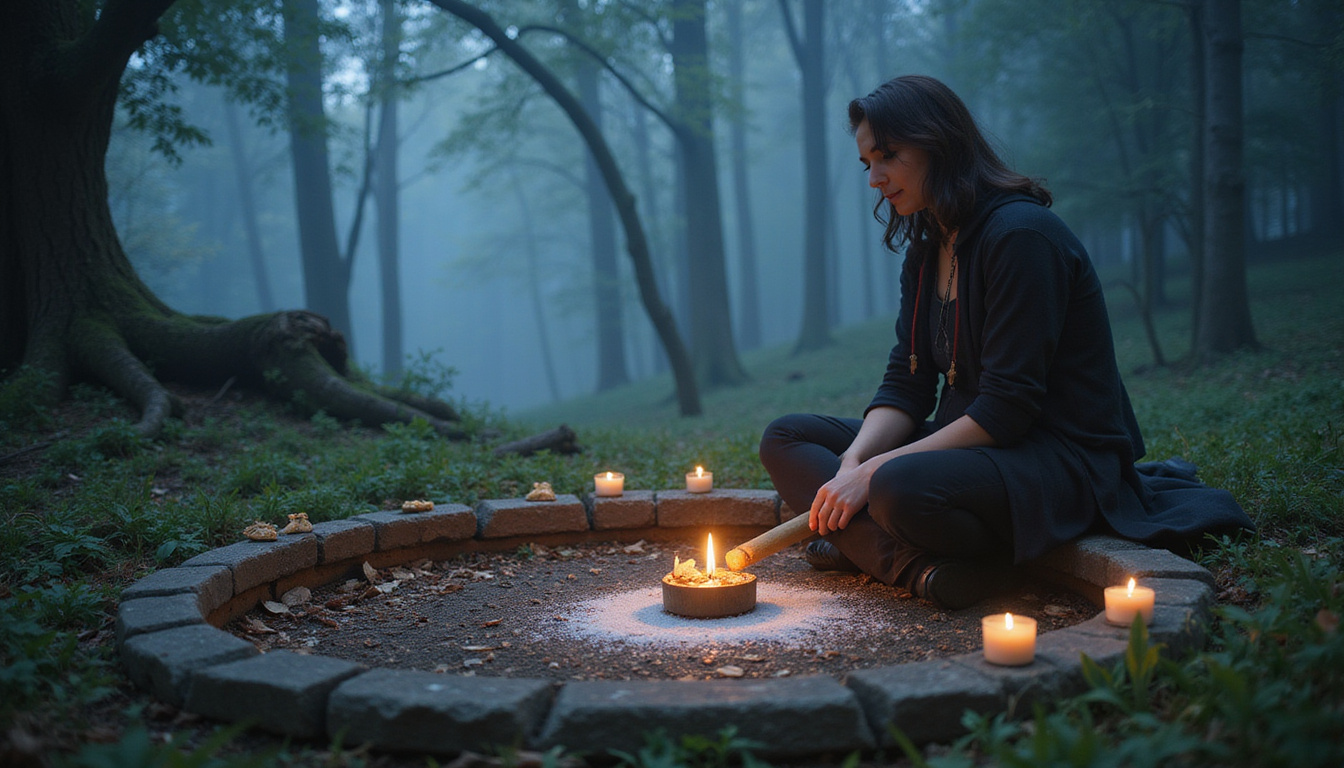  Wiccan practitioner drawing protective circle with athame, salt, focused candlelight, misty forest