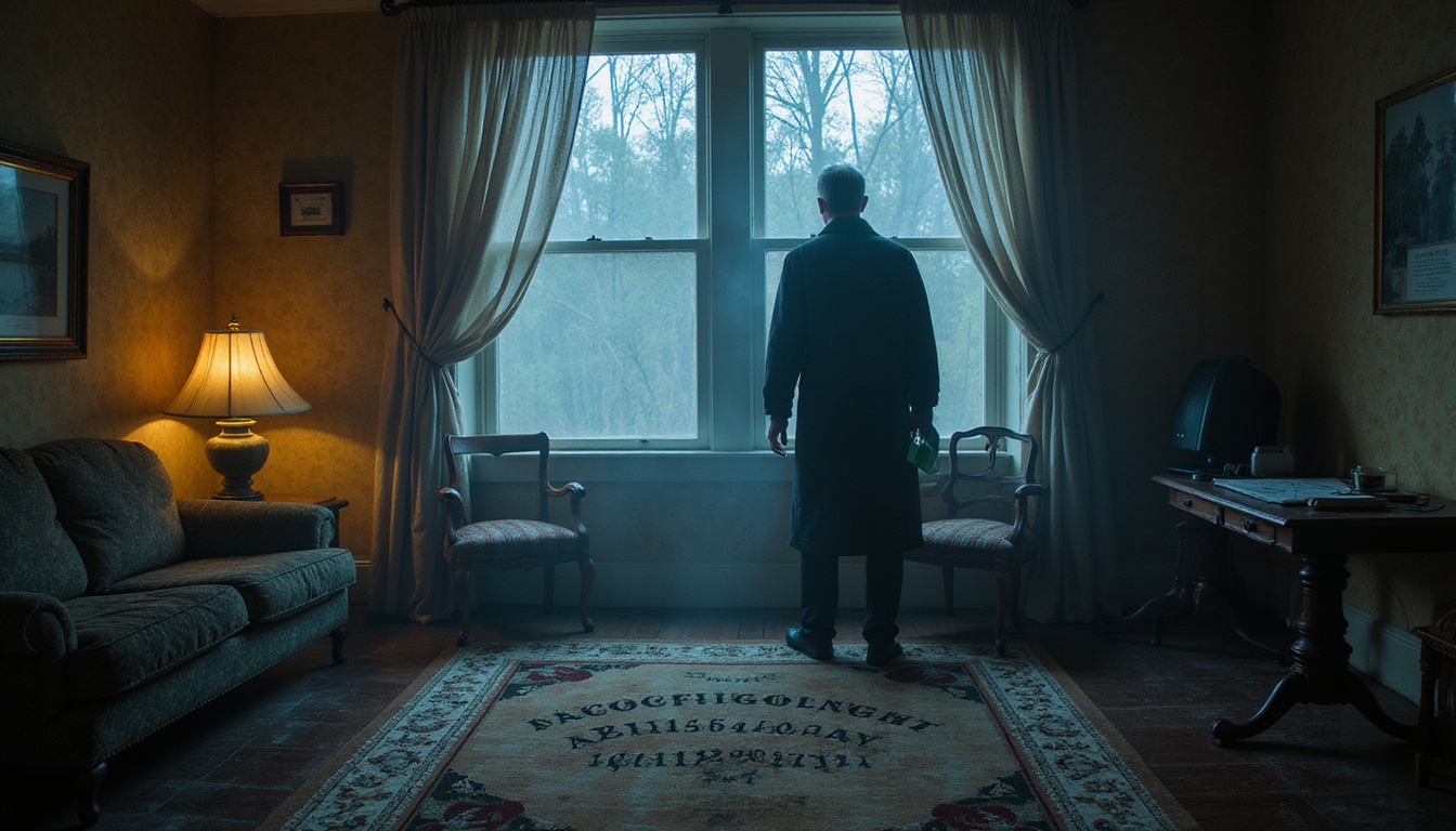  Dusty old house parlor, moonlight through curtains, Ouija board, cold breath, shadowy figure