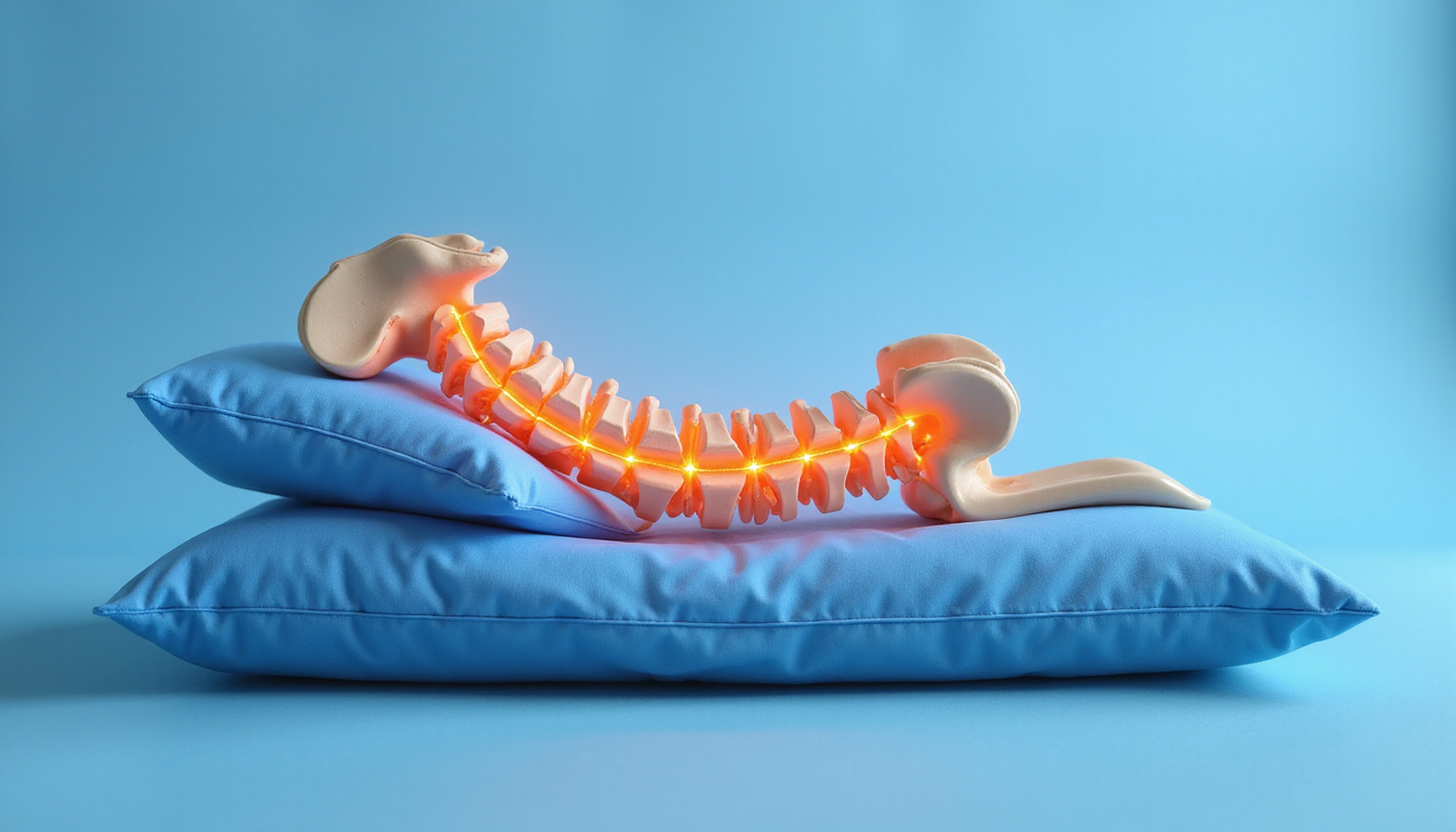 Cutaway anatomical illustration of lumbar spine resting on contoured pillow, relieved nerves, gentle blue tones