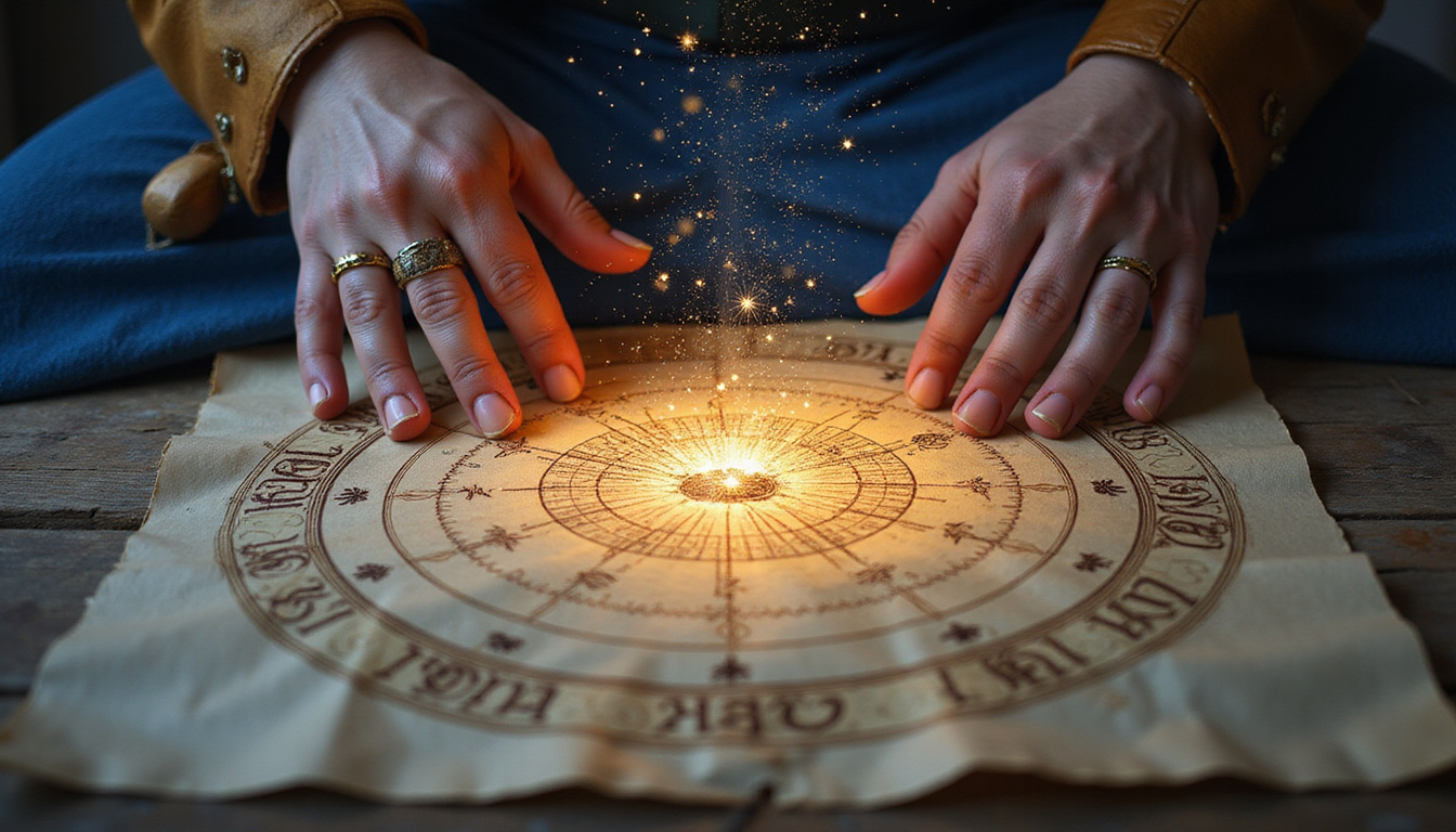 Arcane astrologer hands over parchment chart, stellium highlighted, radiant sigils and starfield background