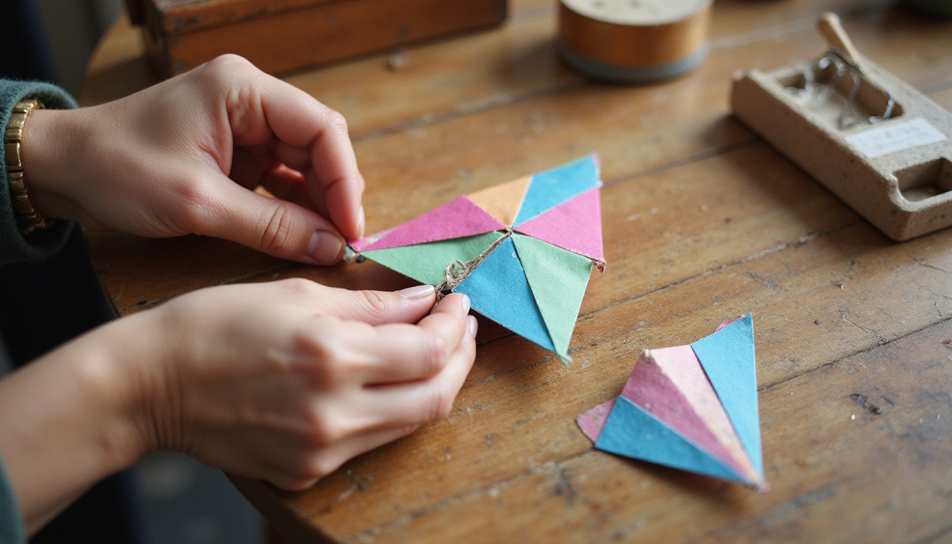 Hands arranging geometric kite pattern, sewing needle, vintage wooden table, soft shadows