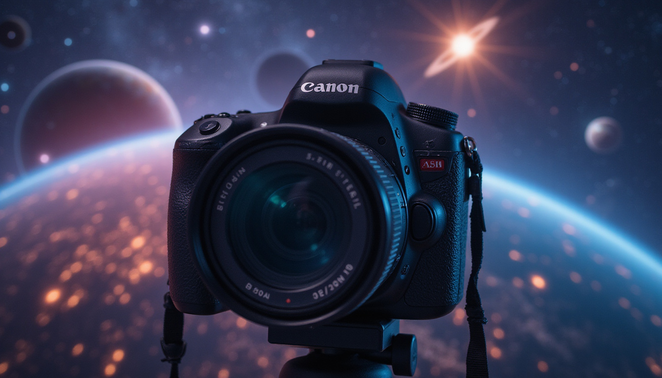 Close-up of DSLR and telephoto lens framing bright planets, starry sky, long exposure glow