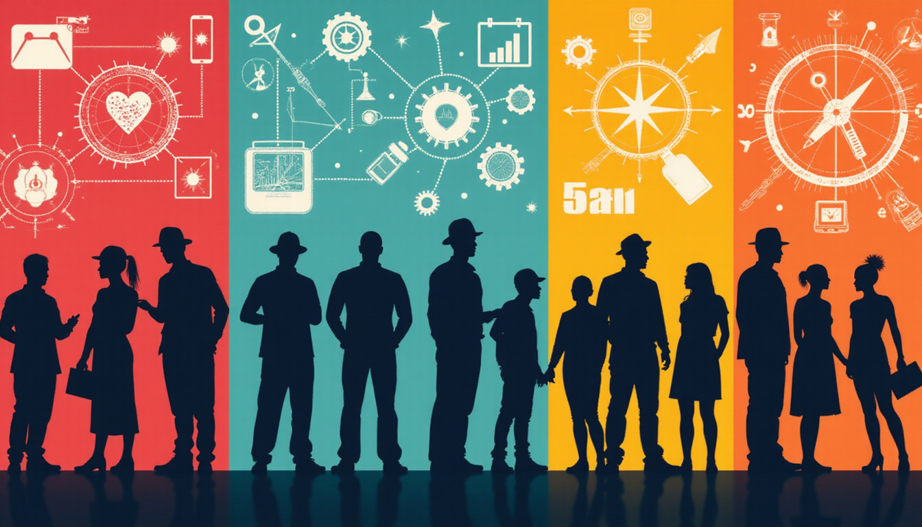 Silhouettes of diverse workers aligning with icons—heart, brain, gears, compass—neon contrasting background