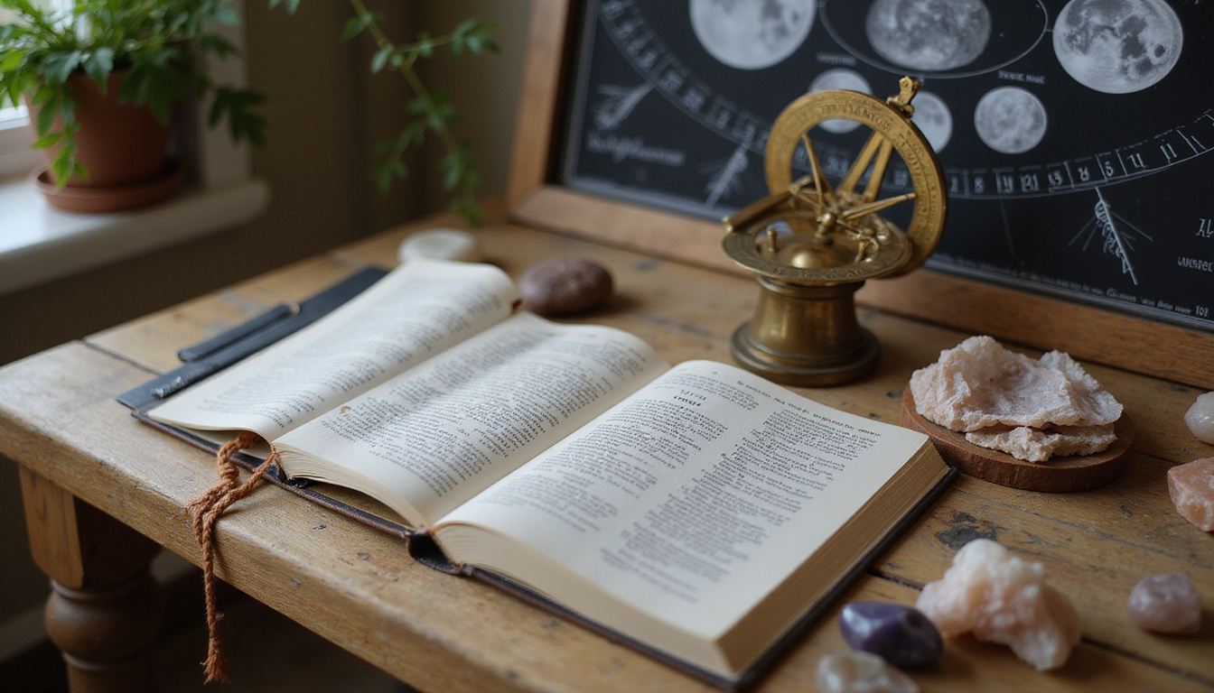 Open astrology guidebook, wooden table with brass astrolabe, crystals, moon phases poster, soft morning light