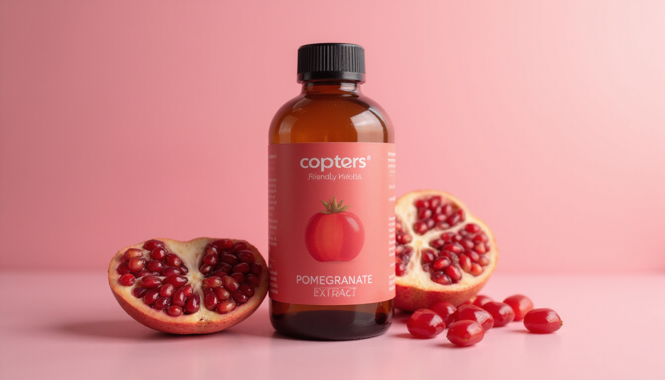  Amber glass vial of pomegranate extract beside heart-shaped seeds, soft clinical light, wellness labels