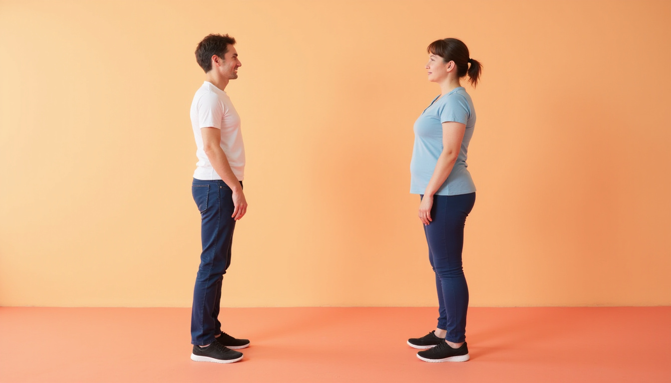  Before-and-after posture comparison, patient stands upright, reduced kyphosis, warm clinical atmosphere, gentle encouragement