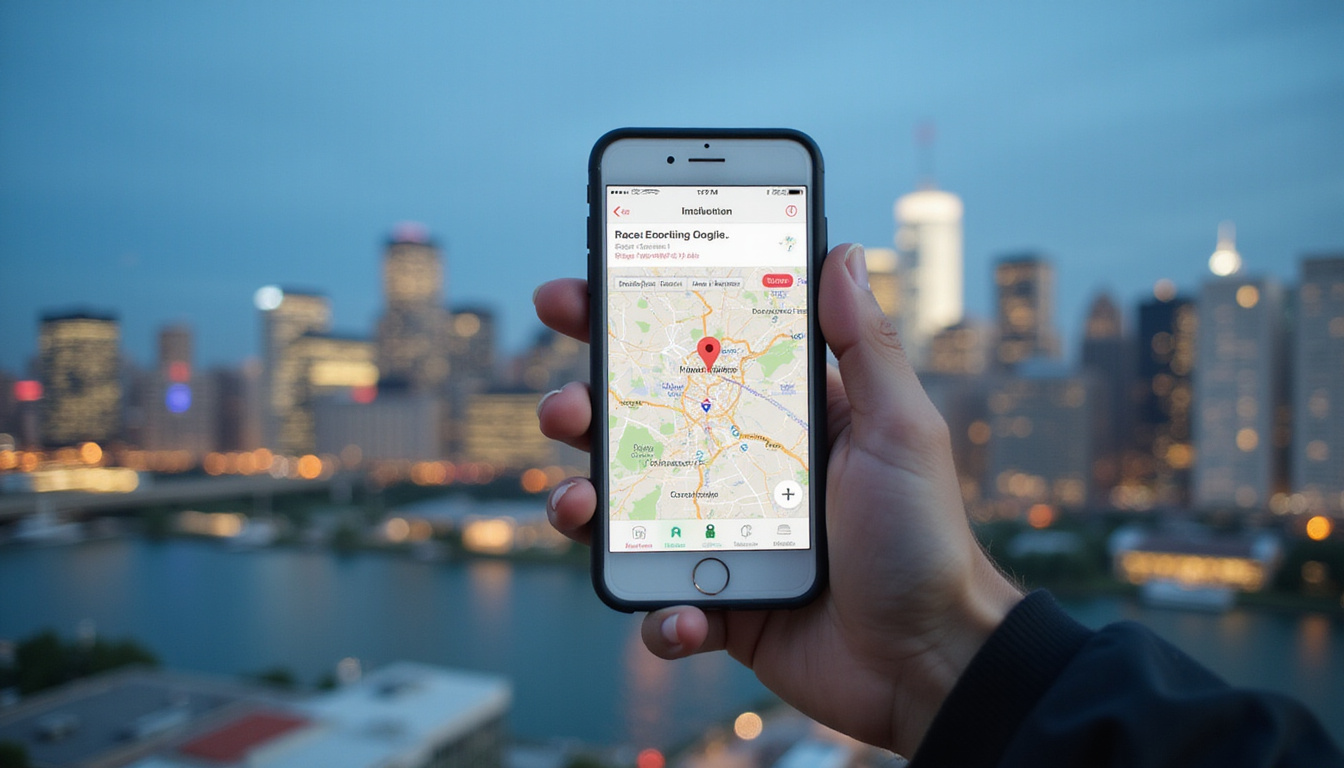 Hand holding smartphone with real estate listing overlays, heatmap hotspots, modern skyline in background