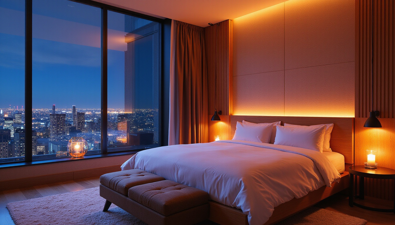  Modern hotel bedroom merging sauna glass wall, city night view, candles, minimal spa elegance