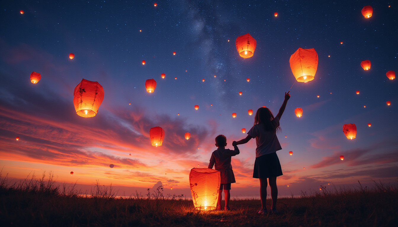 Vibrant paper lanterns decorated with eco friendly materials, children guided, starry horizon, warm glow