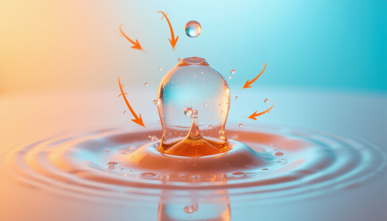  Slow-motion translucent gel droplet hitting surface, deforms then rebounds, arrows showing recovery, high-detail