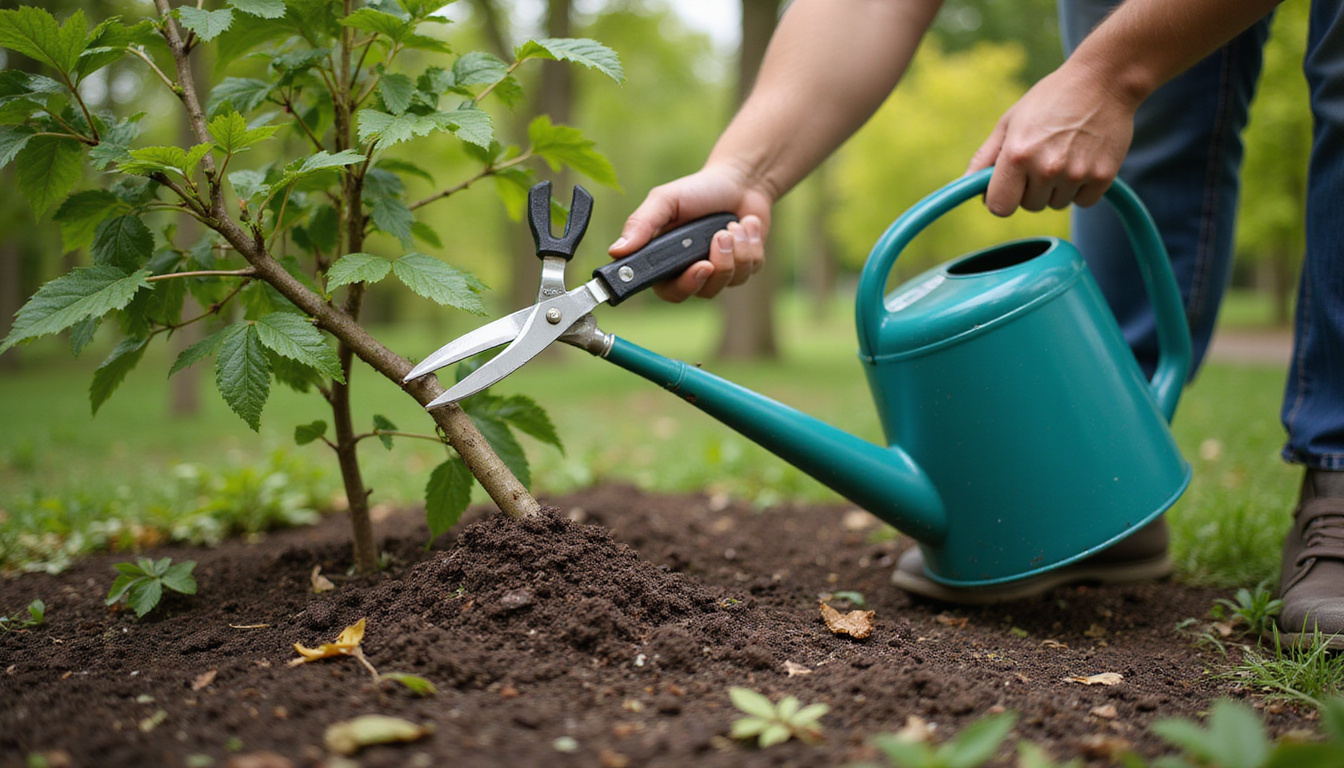  Pruning scene: gardener trimming branches, rich mulch, compost, watering can, healthy glossy leaves