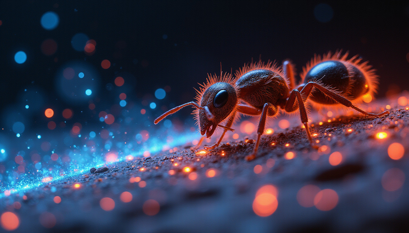  Ants leaving glowing pheromone trails depicted as neon particles, macro close-up, scientific artistry