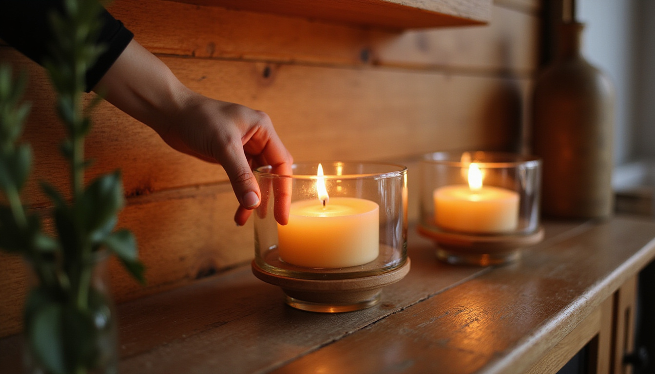  Hands gently polishing glass votive, warm reflection, elegant display on oak mantel, reverent mood