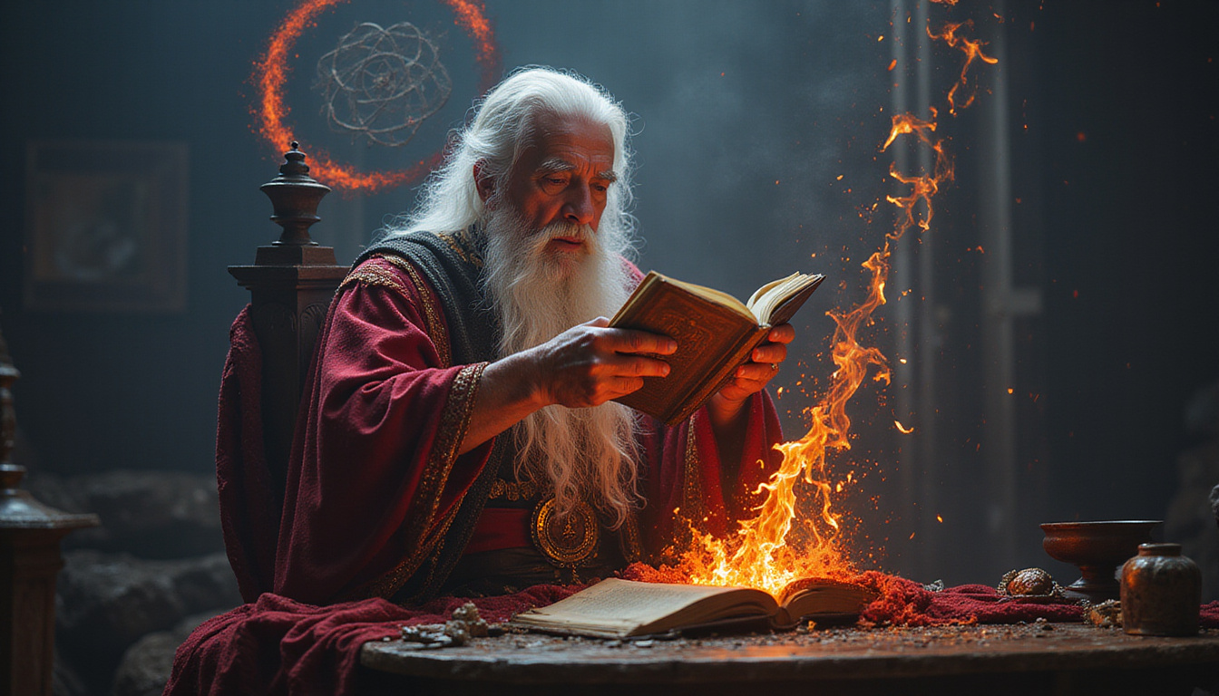 Elderly exorcist performing ritual, clutching ancient book, halo of light banishing dark tendrils
