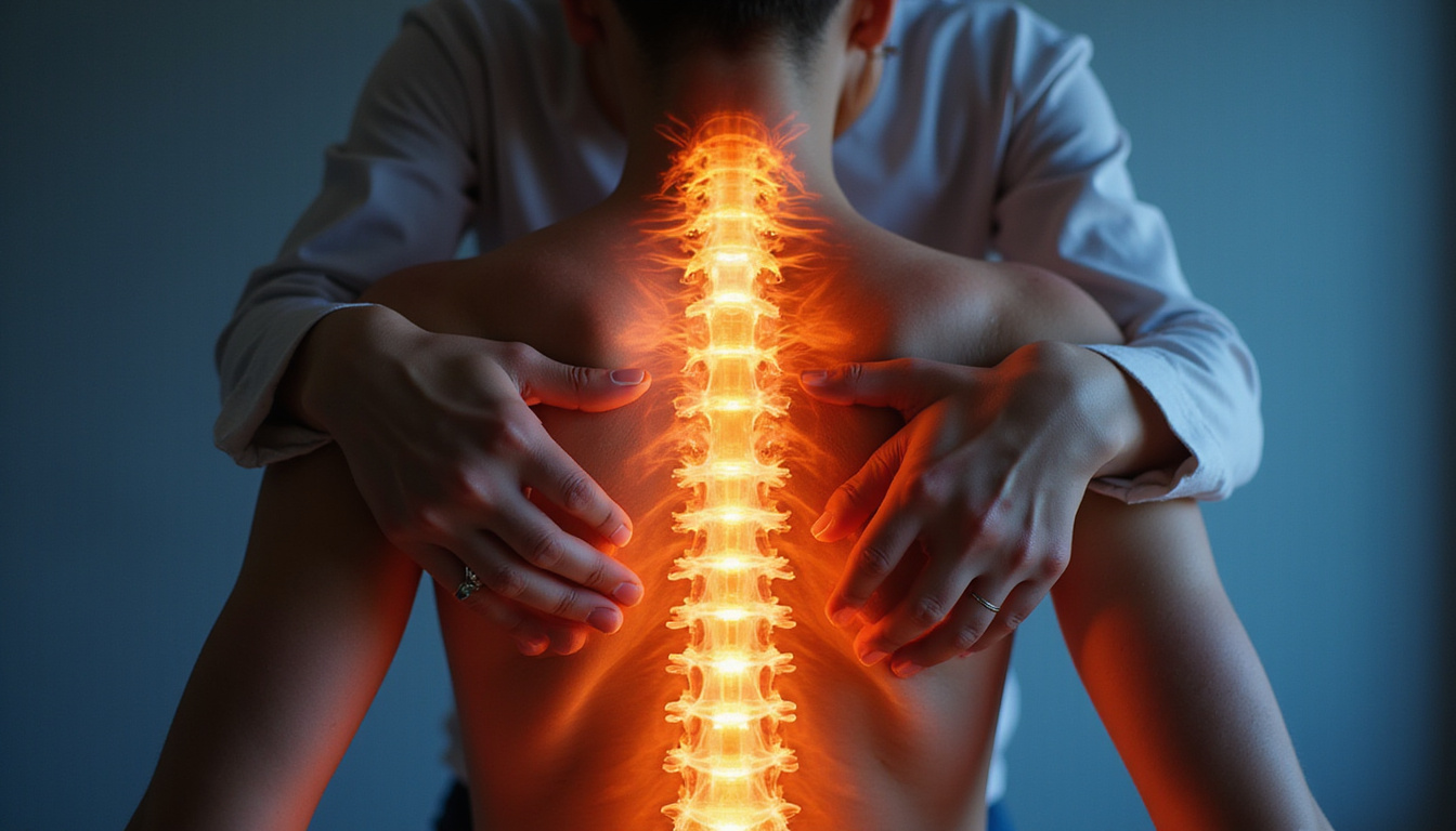 Close-up of aligned posture, glowing vertebrae overlay, teacher adjusting shoulders, peaceful rehabilitation